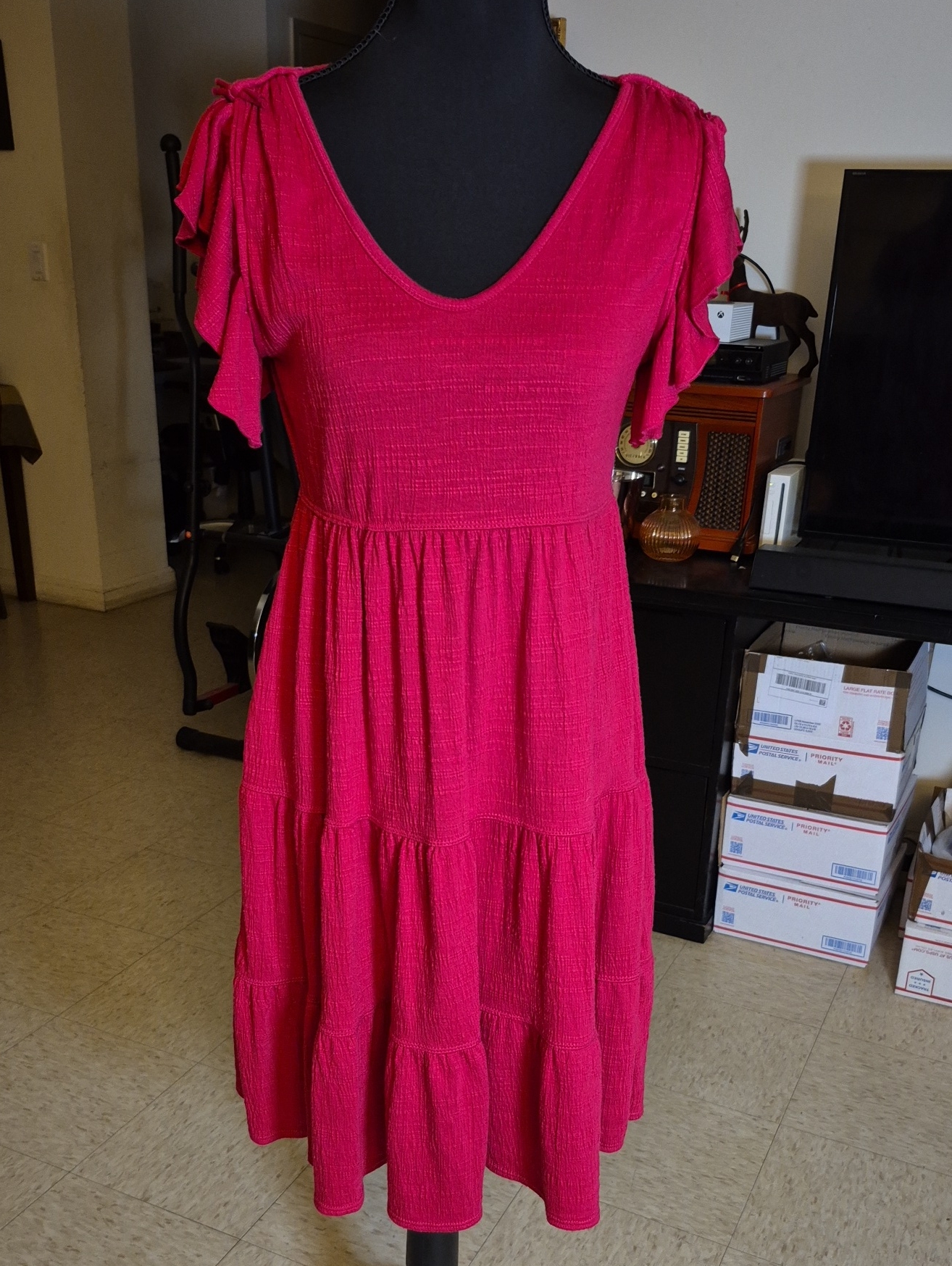 Max Studio Fuchsia Tiered V-Neck Midi Dress